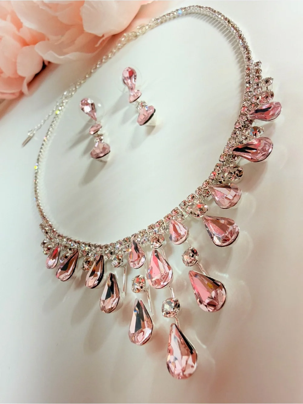 Pink Teardrop Crystal Necklace and Earring Set